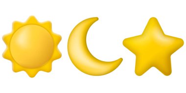 Gerçekçi ikon güneş, ay ve yıldızlar. Vektör çizimi. Eps 10.