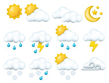 Meteoroloji simgeleri oluşturan 3 boyutlu bir set. Hava koşulları ve çeşitli hava tahmini simgeleri. Vektör çizimi. Eps 10.