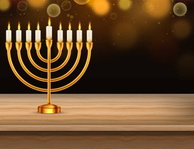 Hanuka Yahudi bayramı menorah ahşap masası. Vektör çizimi. Gerçekçi menorah ve yanan mumlar. Eps 10.