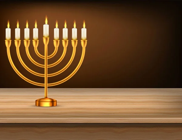 Hanukkah jewish holiday menorah wood table. Vector illustration. Realistic menorah and burning candles. Eps 10.