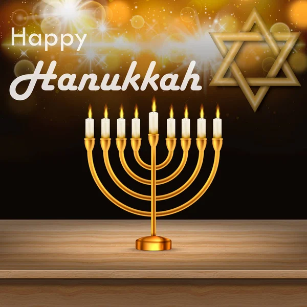 Hanuka Yahudi bayramı menorah ahşap masası. Vektör çizimi. Gerçekçi menorah ve yanan mumlar. Eps 10.