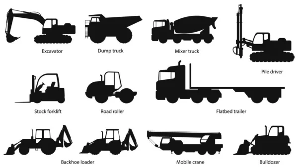 İnşaat makineleri. Excavator, Dump, kamyon, Mixer, kamyon, Pile, sürücü, Stock, forklift, Road, roller, Flatbed, treyler, Backhoe, load, Mobile, vinç, Bulldozer.