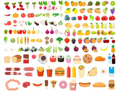 Çeşitli meyve, sebze ve atıştırmalıkların yer aldığı canlı ve renkli bir emojistyle yemek ikonu.