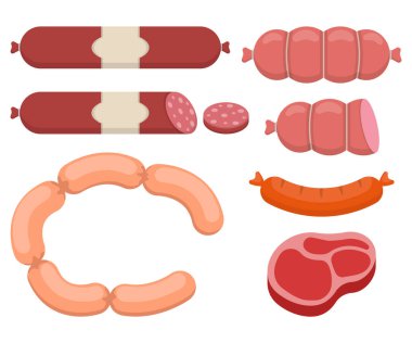 Çok güzel çizilmiş et ve sosis koleksiyonu, çeşitli mutfak temaları için mükemmel.