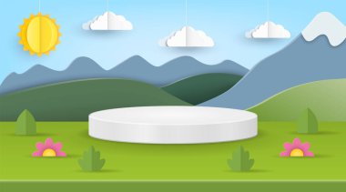 Görkemli dağlara ve kabarık bulutlara karşı yuvarlak bir platformun yer aldığı canlı ve pitoresk bir doğa sahnesi.