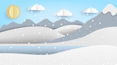 A serene winter scene with snowcovered mountains, fluffy clouds, and a bright sun illuminating the landscape clipart