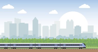 Renkli bir piksel sanat sahnesi gün doğumunda canlı ve modern bir şehir manzarasında hızla hareket eden bir treni tasvir ediyor.