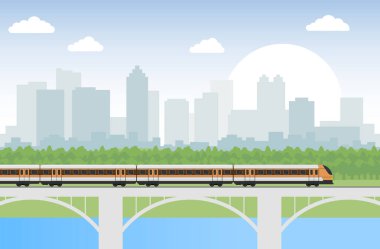 Sanatsal grafik, canlı ve hareketli bir şehir manzarasını kapsayan köprüden geçen bir treni tasvir ediyor.