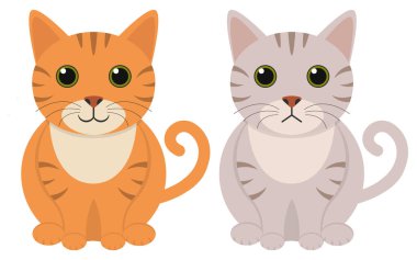 İki sevimli çizgi film kedisinin bir portakal ve bir gri, hayvan severler için mükemmel bir tasviri.