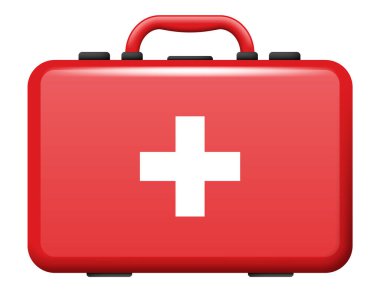 Renkli bir illüstrasyon kırmızı bir ilk yardım kiti gösteriyor. Acil durumlar için hayati önem taşıyor.