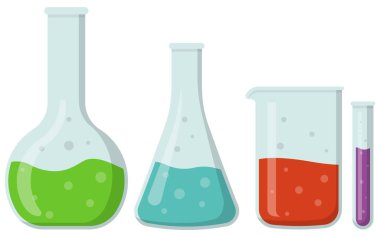 Renkli kimyasal çözeltilerle dolu, çeşitli mataralar ve şişelerle dolu bir laboratuvar vitrininin çizimi.