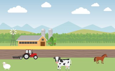 Bu, canlı bir çiftlik manzarasının detaylı bir pikseli çizimi. İçinde bir inek, bir at, bir koyun ve parlak kırmızı bir traktör var.