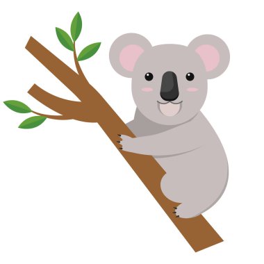 Sevimli bir çizgi film koalası, doğal ortamında yemyeşil yapraklarla çevrili bir ağaç dalına mutlu bir şekilde tünemiştir.