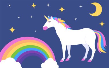 Parlak bir tek boynuzlu at ışıldayan yıldızlar ve canlı bir gökkuşağı arasında durur ve büyülü bir manzara yaratır.