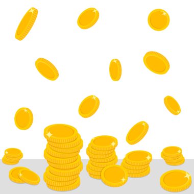 Beyaz arka planda izole edilmiş para yığınlarıyla parlak altın sikke yağmuru. Pazarlama, kumarhane, online oyunlar ve finansal başarı promosyonları için mükemmel. Altın para yığını. Düşen para geçmişi. Servet finans illüstrasyonu. Büyük ikramiye para yağmuru