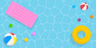 Renkli havuz şamandıraları ve ferahlatıcı mavi su içinde neşeli plaj toplarıyla dolu canlı bir yaz sahnesinin tadını çıkar.