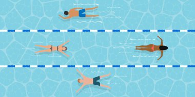 Hava manzarası çeşitli yüzücülerin canlı bir havuzda yüzdüğünü gösteriyor. Eğlenceli yaz aktiviteleri sergiliyorlar.