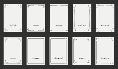 Süslü kenarları olan ve doğrusal siyah-beyaz şeklinde gelişen on adet zarif klasik çerçeve seti. Davetiyeler, sertifikalar, tebrik kartları, retro posterler ve klasik temalı grafik tasarım projelerinde kullanım için ideal. Zamansız dekoratif