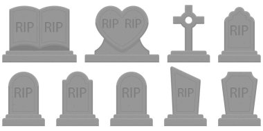 Oymalı gri mezar taşlarının vektör koleksiyonu. Ürkütücü grafikler, Ruhlar Günü ya da anıt temalı projeler için mükemmel. RIP yazıtlı gri 3D mezar taşı simgesi. Cadılar Bayramı, mezarlık veya cenaze için çeşitli mezar taşı şekilleri içerir