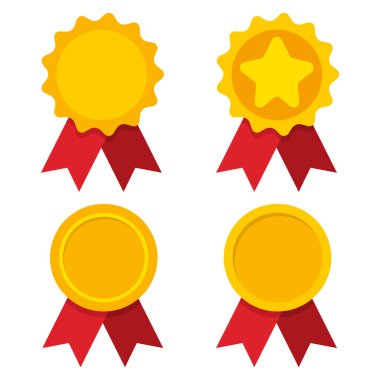 Kırmızı kurdeleli dört düz stil altın madalya, ödülü, başarıyı ve başarıyı simgeliyor. Kazanan, onur, ödül ya da yarışma illüstrasyonu için çizgi film altın rozetleri koleksiyonu. Kurdele elementli altın ödül simgelerinin vektör illüstrasyonu