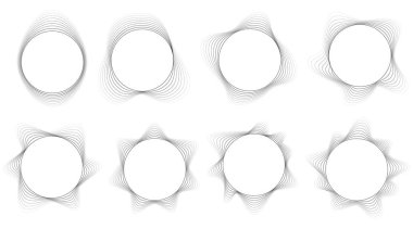 Düz dalgalı çizgileri ve geometrik deformasyonu olan soyut dairesel çerçeveler. Modern tasarım ve markalaşma için minimalist vektör tasarım elementleri. Geometrik daire çerçevesi. Soyut dalga şekli. Asgari sınır. Dairesel dalga vektörü. Modern