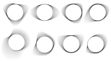 Bükülmüş dairesel sanat öğeleri koleksiyonu. Posterler, logolar ve dijital arayüzler için minimalist soyut şekiller. Teknoloji, markalaşma ve tasarım kavramları için soyut siyah şekiller. Soyut yuvarlak çerçeve. Asimetrik geometrik şekil