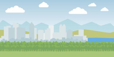 Açık bir gökyüzünün altında ağaçlar, tepeler ve dağlar olan bir şehrin minimum düz dizaynı. Şehir manzarası çizimi. Şehir silueti düz tasarım. Modern ekoloji şehri. Doğa ve şehir arkaplanı. Yeşil şehir manzarası vektörü.