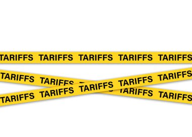 TARIFFS metnini kalın siyah harflerle içeren kavramsal uyarı kaseti, ekonomik çatışma veya vergilendirmeyi simgeliyor. Gümrük kaydı. Ticari kısıtlama kavramı. Ekonomik çatışma sembolü. Gümrük vergisi afişi. Tarife sınırı