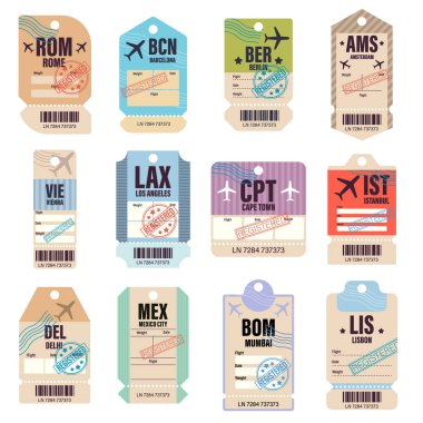 Şehir kısaltmaları ile renkli ve dekoratif seyahat etiketleri, posterler, haritalar ve seyahat tasarımları için idealdir. Büyük seyahat noktalarından küresel havaalanı kodlarını temsil eden klasik tip bagaj etiketleri koleksiyonu. Havaalanı bagaj etiketi vektörü