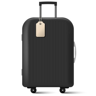 Tekerlekli parlak siyah bir valiz ve boş bir etiket. Tatil, havaalanı veya bagaj konseptleri için minimalist vektör çizimi. Seyahat uygulamaları, görsel eşyalar, turizm malzemeleri için ideal. Bagaj Vektörü Seyahati ile Siyah Modern Bavul