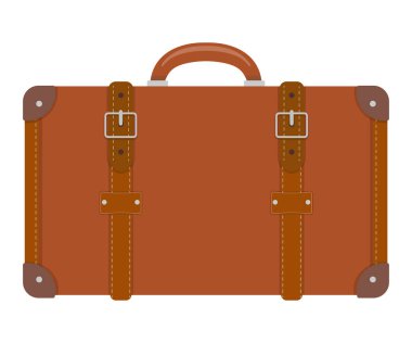 Beyaz arka planda izole edilmiş, tokalı ve saplı klasik deri bavul. Seyahat, retro ve macera temaları için mükemmel. Nostalji, keşif ve geçmişe dönük kavramlar için idealdir. Klasik deri bavul. Retro seyahat çantası. Eski kahverengi