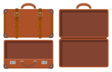 Kapalı ve açık görüntülerde gösterilen klasik kahverengi deri bir valizin düz vektör çizimi. Kemer kayışlı Retro seyahat valizi. Üst ve iç açılar da dahil olmak üzere birçok açıdan sergileniyor. Klasik bavul çizimi. Deri seyahat çantası vektörü