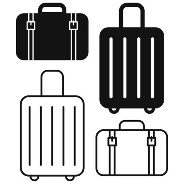 Değişik bavulları ve seyahat çantalarını temsil eden minimalist siyah beyaz simgeler. Seyahat bagaj ikonu seti. Bavul vektör çizimi. Siyah ve beyaz seyahat ikonları. Minimum torba resmi. Bagaj ve Bavul Simgeleri Siyah ve