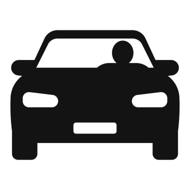 Sürücü figürüne sahip basit bir önden görüş simgesi, taşımacılık, sürüş uygulamaları veya otomotiv grafikleri için ideal, taksi, araç paylaşımı veya navigasyon tasarımları için mükemmel. Sürücüyü ön görünümde gösteren düz resim grafiği, web, uygulama UI veya otomotiv için uygun