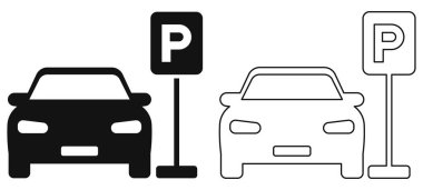 Ön manzaralı ve işaret direkli park simgeleri. Siyah katı ve çizgili vektör tarzı. Yol işaretli siyah ve ana hatlı araba simgeleri. Park yeri kavramı, şehir ulaşımı, şehir altyapısı. Otomobil ikonu. Park işareti olan bir araç