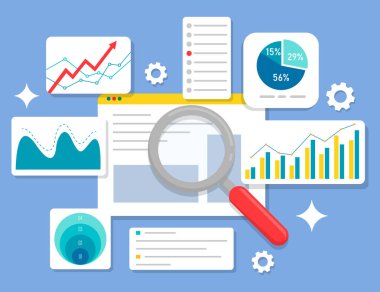 Büyüteç, bar ve turta grafikleri, büyüme grafiği ve düz stil katmanlı analitik içeren iş paneli çizelgesi. Renkli düz vektör arayüzü, görsel veri analizi, diyagramlar ve renklendirmeler dahil. İş verisi gösterge paneli