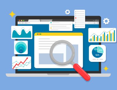 Bilgisayarda veri görselleştirme arayüzü, analitik grafikler, çizgi grafikleri, pasta grafikleri ve bar diyagramları. Dijital performans sezgileri ve renkli çizelgeleri olan modern iş analizi çalışma alanı. Dizüstü bilgisayardaki analitik gösterge paneli