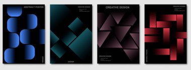 Kareler, üçgenler ve çubuklar gibi gradyan ve geometrik şekillere sahip soyut posterler. Gradyan şekilli soyut poster. Geometrik karanlık temalı yaratıcı tasarım. Üçgenleri ve dikdörtgenleri olan modern bir düzen. Renk gradyan posteri