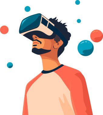 Video gözlüklü genç adam. Metaverse eğlence. Sanal bir dünyayı araştırmak ve etkileşim kurmak