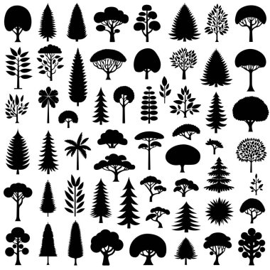 İzole edilmiş beyaz bir zemin üzerinde ağaç ve bitkilerden oluşan bir siluet koleksiyonu.