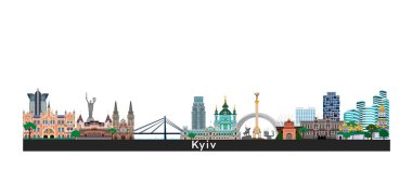 Kiev, Ukrayna şehir silueti. Vektör çizimi. Şehir simgeleriyle Kyiv.