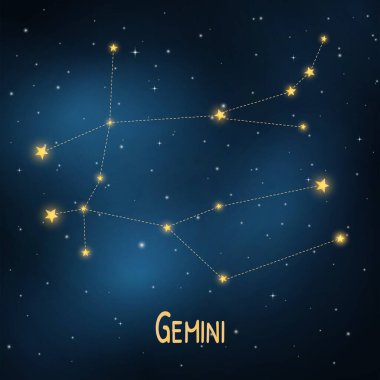 Gemini takımyıldızı: burç burcuyla yıldızlı gece gökyüzü.