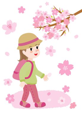 İlkbaharda kiraz çiçeği açan kızın görüntüsü..