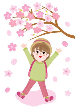 İlkbaharda kiraz çiçeği açan kızın görüntüsü..