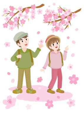 Baharda kiraz çiçeği açan çiftin görüntüsü..