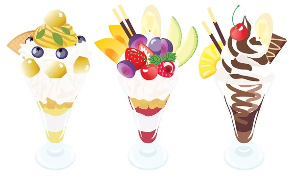 Set Illustrazione Del Parfait Marron Cioccolato Frutta — Vettoriale Stock