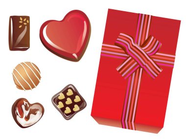 Sevgililer Günü için kalp çikolatası seti ve kurdeleli kırmızı kutu.