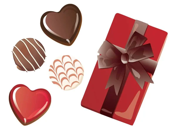 Set Heart Chocolates Valentine Day Red Box Ribbon — Stockvektor