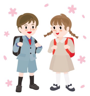 Cute school boy and girl with cherry blossom.
