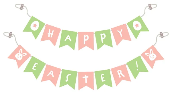 stock vector Happy Easter bunting in pink and green isolated on white background.